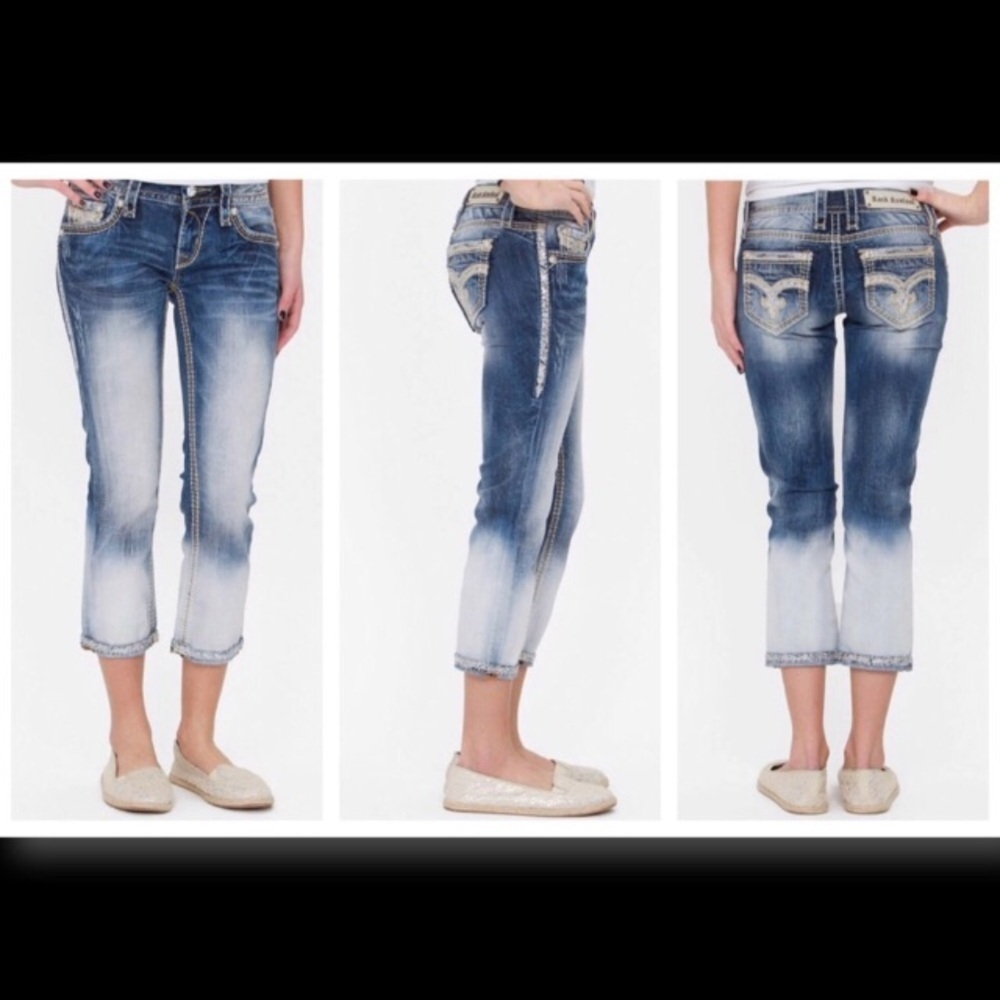 Rock Revival Distressed Cropped Denim Jeans - Blue & White Fade Women’s Size 28